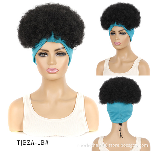 Hot Selling  Ombre Kinky Curly Turban Fluffy Afro Wig Short Headband wig Synthetic Wig With Headband Attached For Black Women